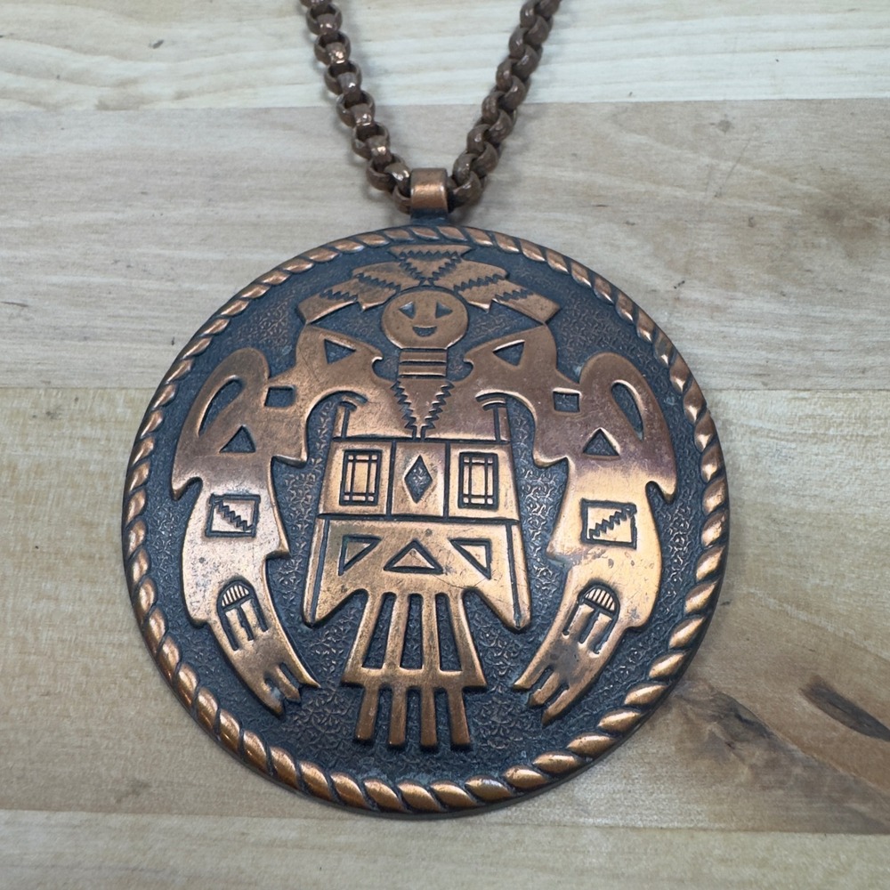 Vintage Copper Thunderbird Pendant Necklace Southwestern Tribal Statement 19in